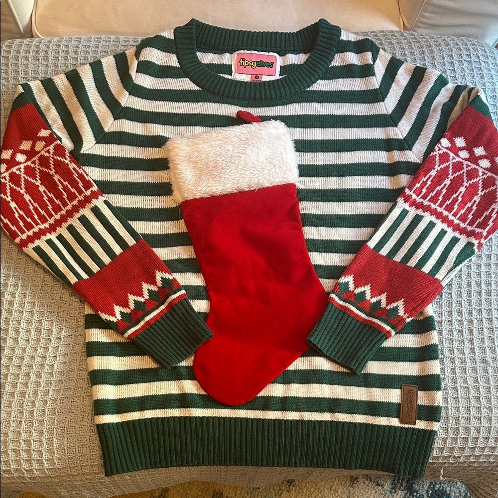 Tipsy Elves Christmas Sweater with Wine Bottle Stocking